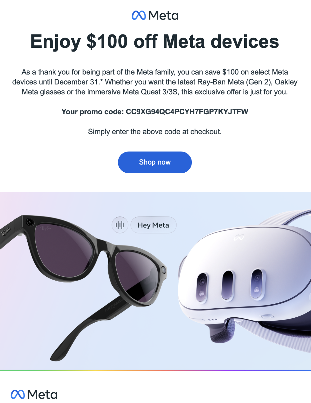The erroneous Meta promo code sent out via email this week.