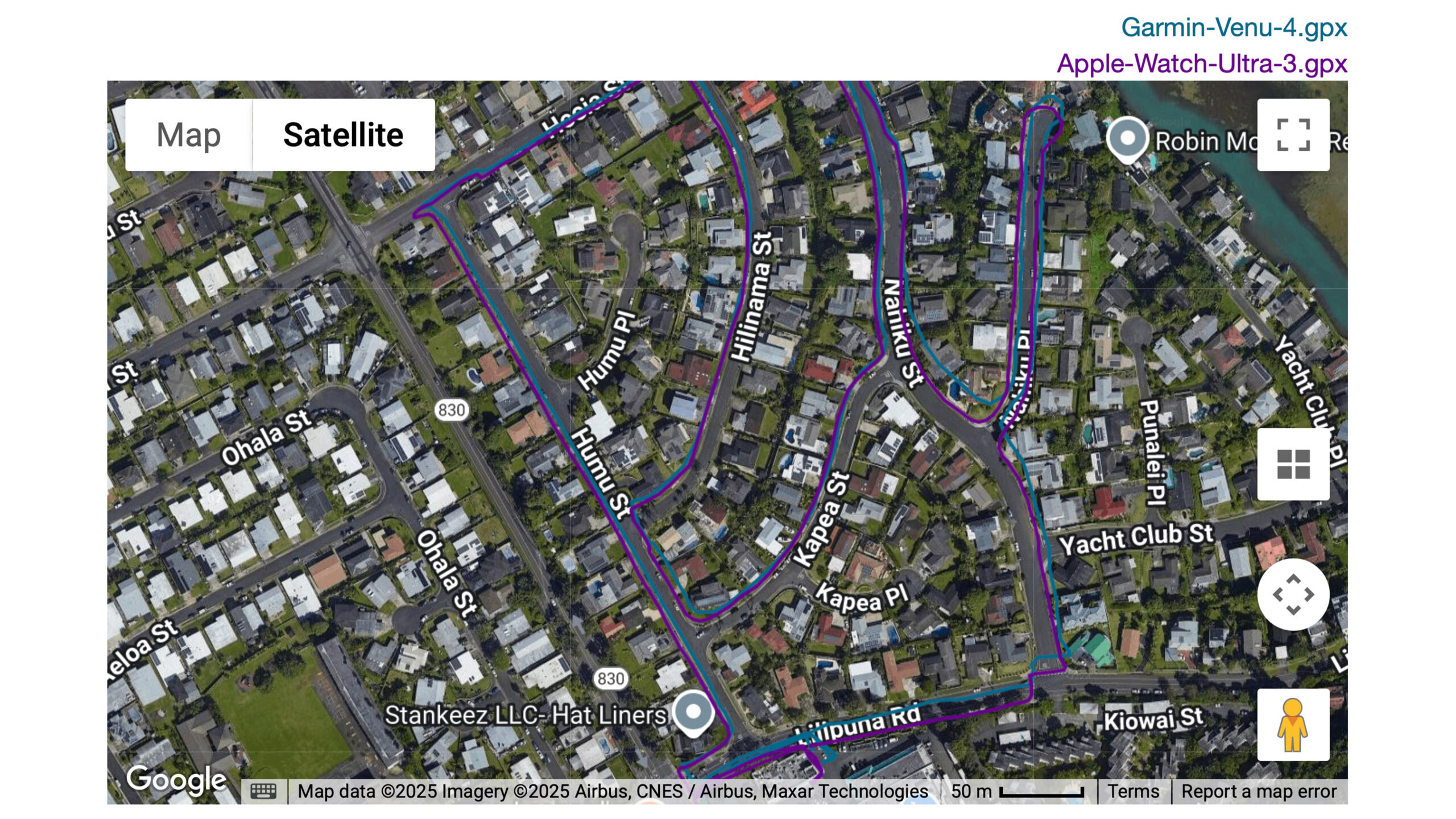 A satellite image shows the route tracked by a Garmin Venu 4.