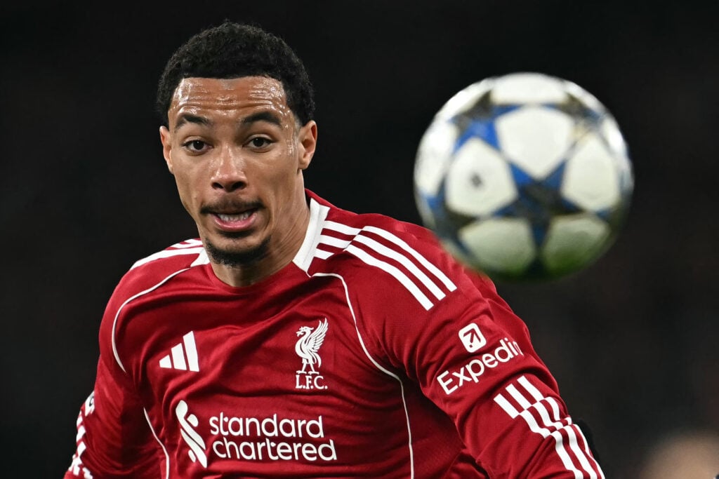 Hugo Ekitike chases down the ball during the UEFA Champions League league phase football match between Liverpool and PSV Eindhoven