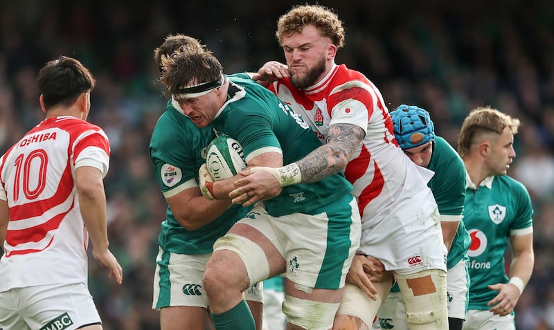 Ireland’s Tom Farrell and Ryan Baird in action against Warner Dearns of Japan at the Aviva Stadium last Saturday. Photograph: Gary Carr/Inpho
