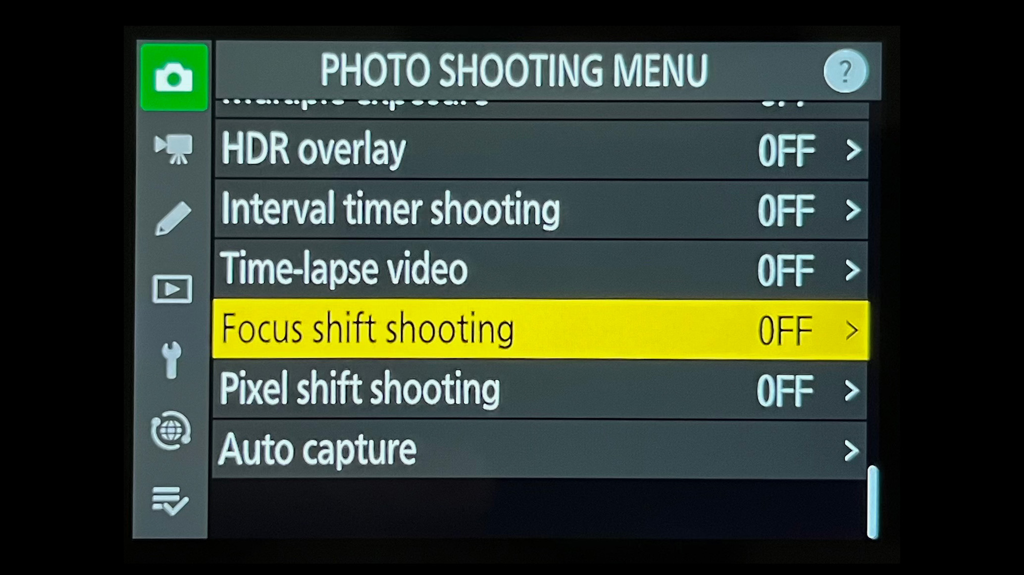 Nikon Photo Shooting Menu rear screen