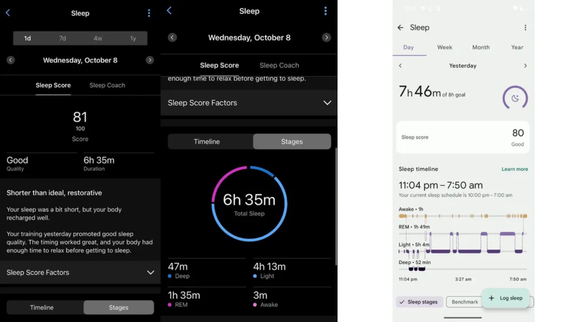 Grace Walsh's screenshots of the Garmin sleep score page next to Fitbit sleep insights