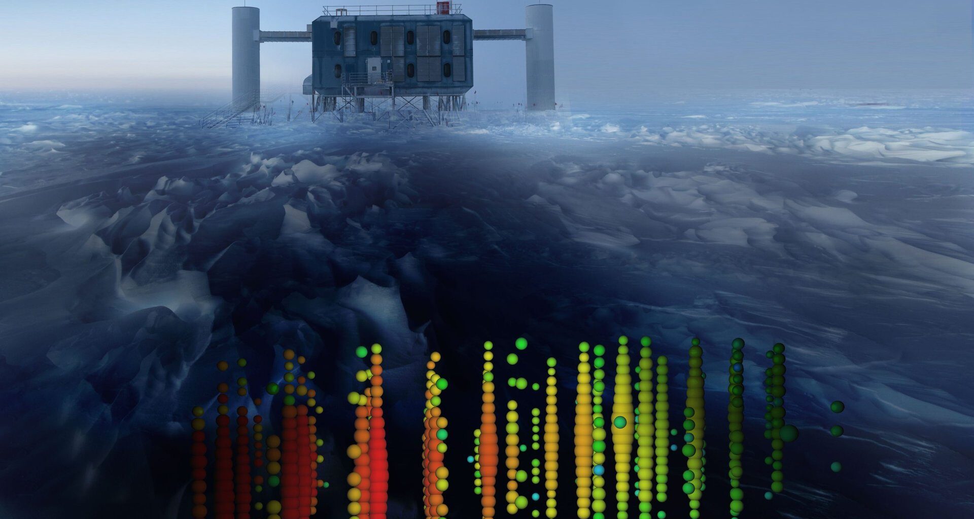 The IceCube facility sits at the South Pole above an array of photodetectors, drawn into the image above. Credit: IceCube Collaboration/U. Wisconsin/NSF