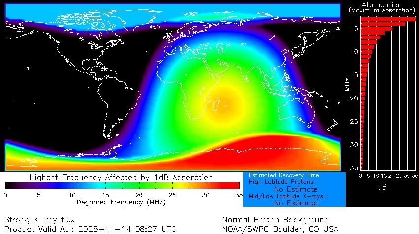 radio blackout map showing a strong blackout over Africa as a result from the powerful x class solar flare.