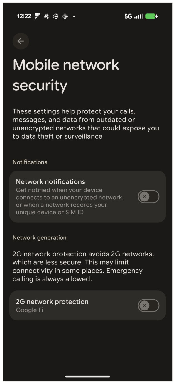 Mobile network security settings in Android 16 Mobile network security settings in Android 16