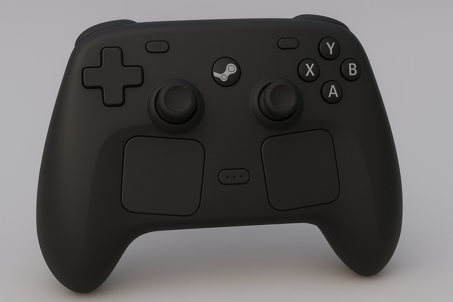 A black gaming controller features dual thumbsticks, a D-pad, and A, B, X, Y buttons, with the Steam logo at the center.