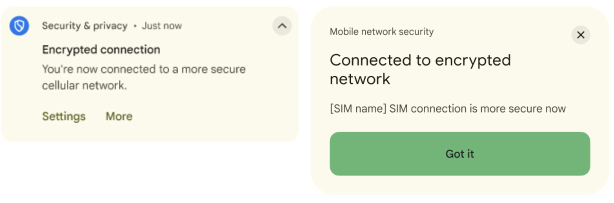 Notification for connection to encrypted cellular network