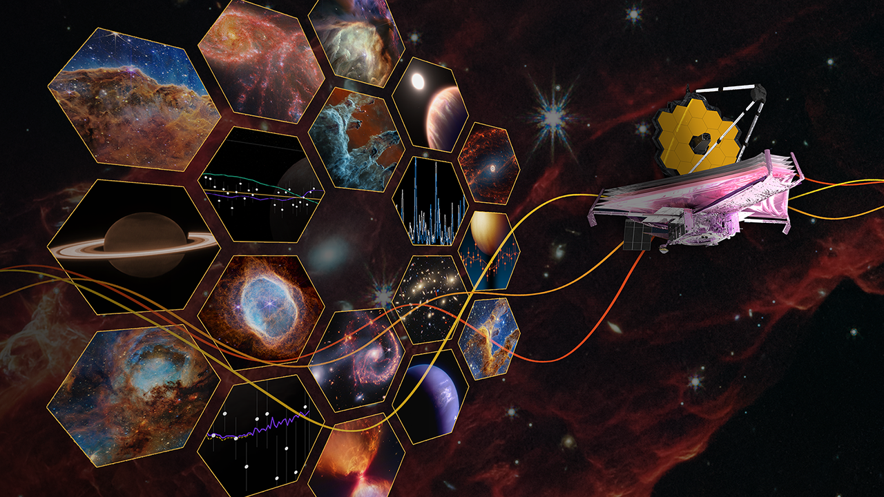 Artist's depiction of potential observational targets for JWST. Credit - STScI