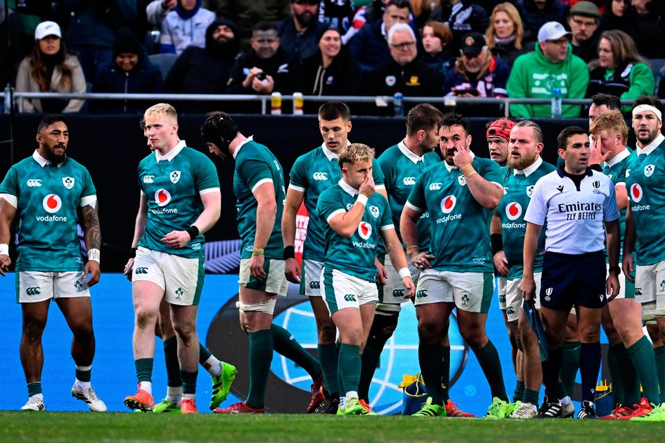 Ireland players reacts after Cam Roigard of New Zealand, not pictured, scores his side's fourth try during the Gallagher Cup loss to New Zealand at Soldier Field in Chicago, USA. Photo by Ramsey Cardy/Sportsfile