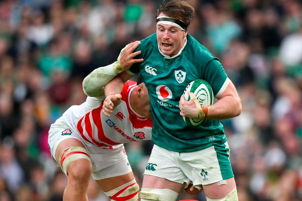 Ryan Baird on the charge against Japan at the Aviva Stadium on Saturday. Photo: Sportsfile