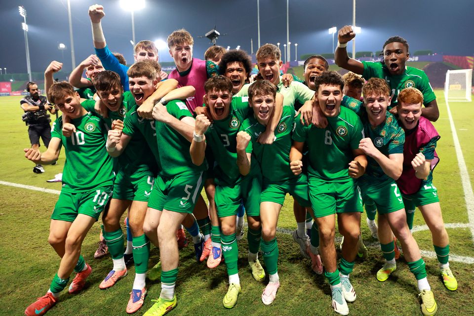 Ireland players celebrates after their 9-8 penalty shoot-out victory in the Under-17 World Cup Round of 32 win over Canada at Aspire Zone in Doha, Qatar. Photo: Nikola Krstic/Sportsfile