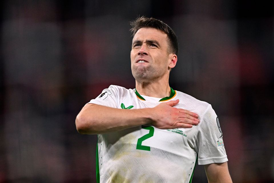 Séamus Coleman celebrates after the Fifa World Cup 2026 Group F qualifier at Puskás Aréna in Budapest, Hungary. Photo by Ben McShane/Sportsfile