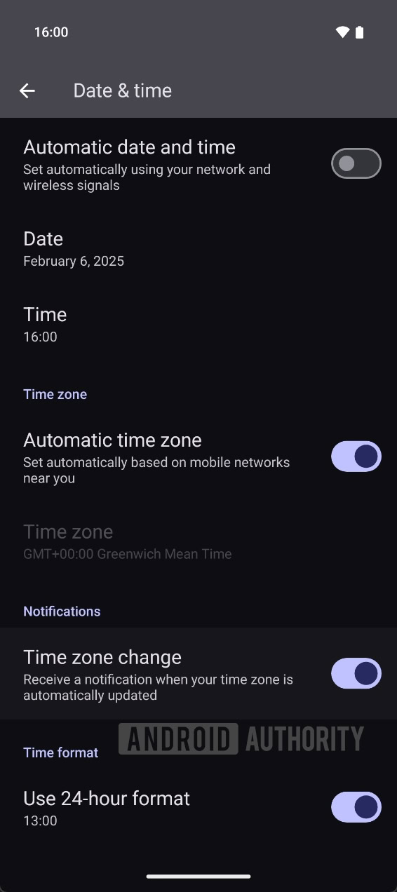 Time zone change toggle in Android 16 Beta 1 Time zone change toggle in Android 16 Beta 1