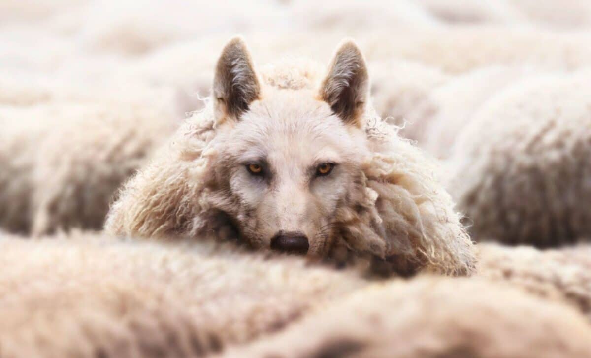 Wolf In A Herd Of Sheep Dressed In Wool