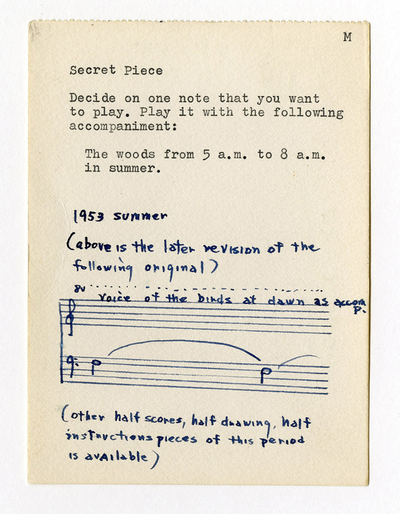 Handwritten musical notes and text titled "Secret Piece," with instructions about playing from 5 a.m. to 8 a.m. in summer.