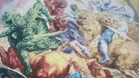 Henry Orlik A brightly coloured painting - grainy due to being from an old photo. Depicts classical-style horses and riders, but in uncharacteristically bright colours.