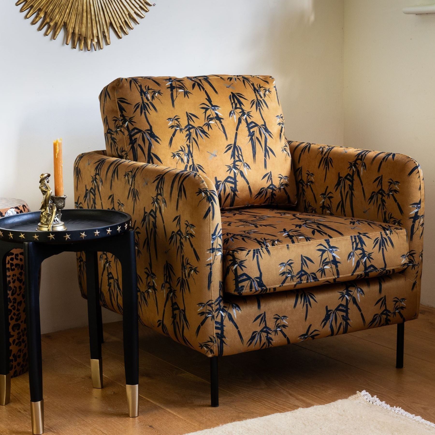 Rockett St George Black Bamboo Viscose on Golden Glow Velvet the Edie Accent Chair