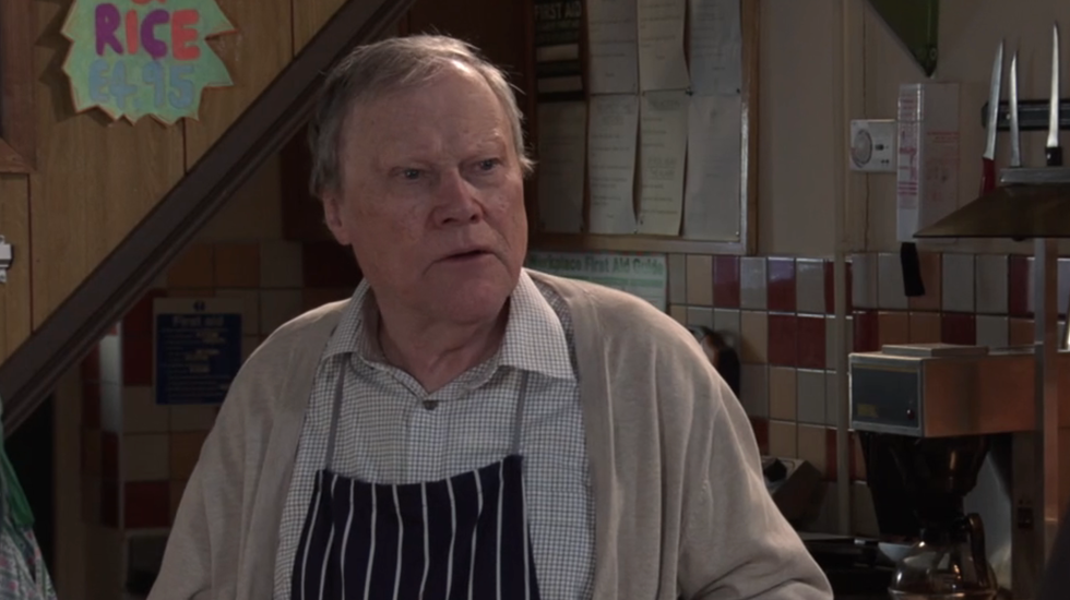 coronation street, roy cropper serving craig tinker in his cafe