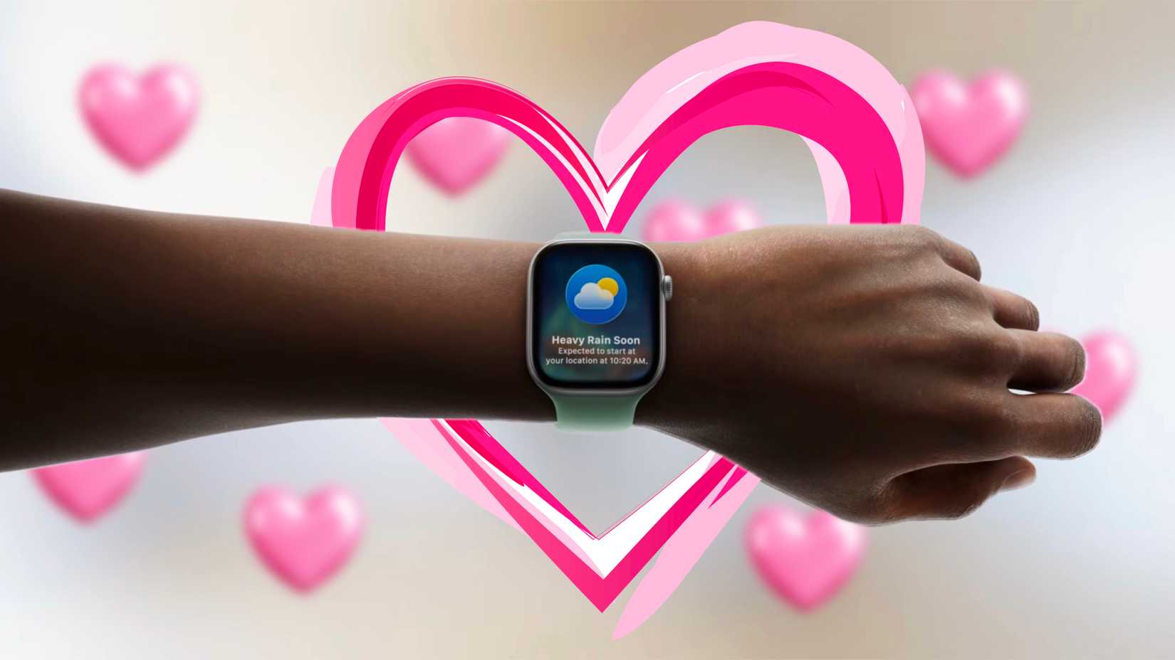 Apple Watch getting a notification and then using a wrist flick to dismiss it with hearts around it.