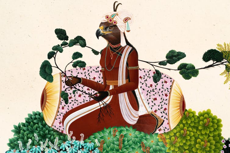 Painting of an eagle god sat crossed legged