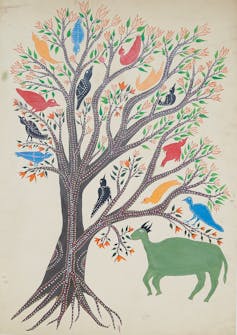 Coloured drawing of a tree filled with colourful birds. A green cow stands at its base