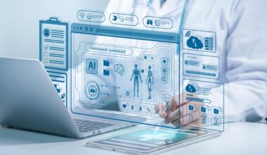 A person in a lab coat working at a computer with AI images displayed.