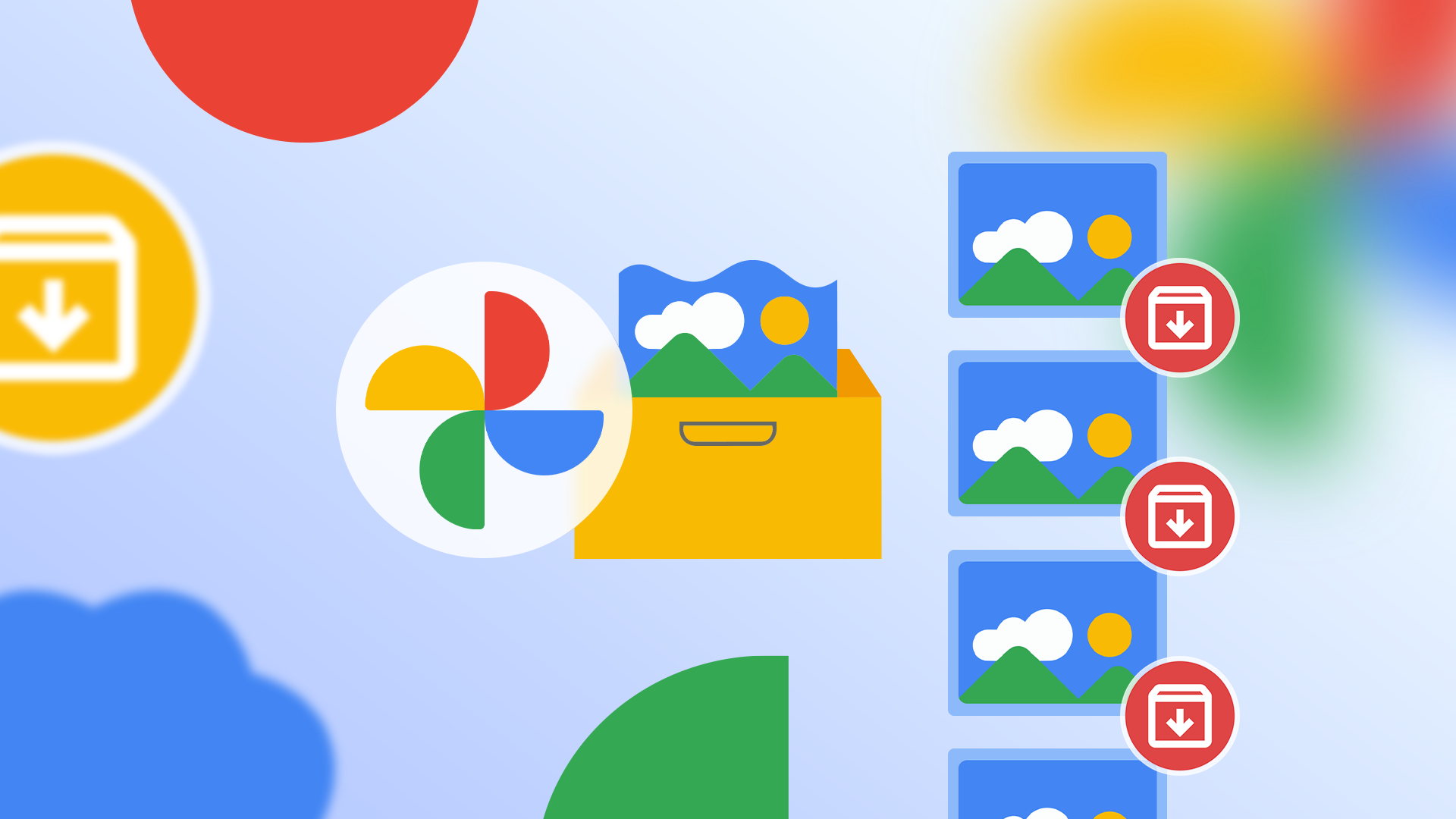 Google Photos logo next to a yellow archive box, with multiple photo thumbnails on the right featuring an archive icon.