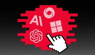 Alt text: Logos of DeepMind, Microsoft, OpenAI, and Anthropic appear on a red pixelated background with a large white cursor icon.