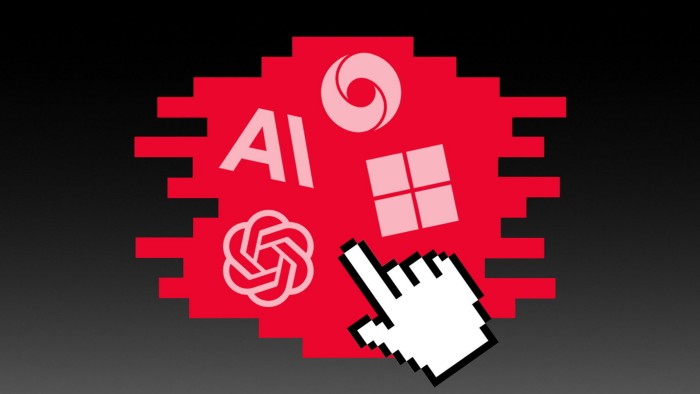Alt text: Logos of DeepMind, Microsoft, OpenAI, and Anthropic appear on a red pixelated background with a large white cursor icon.