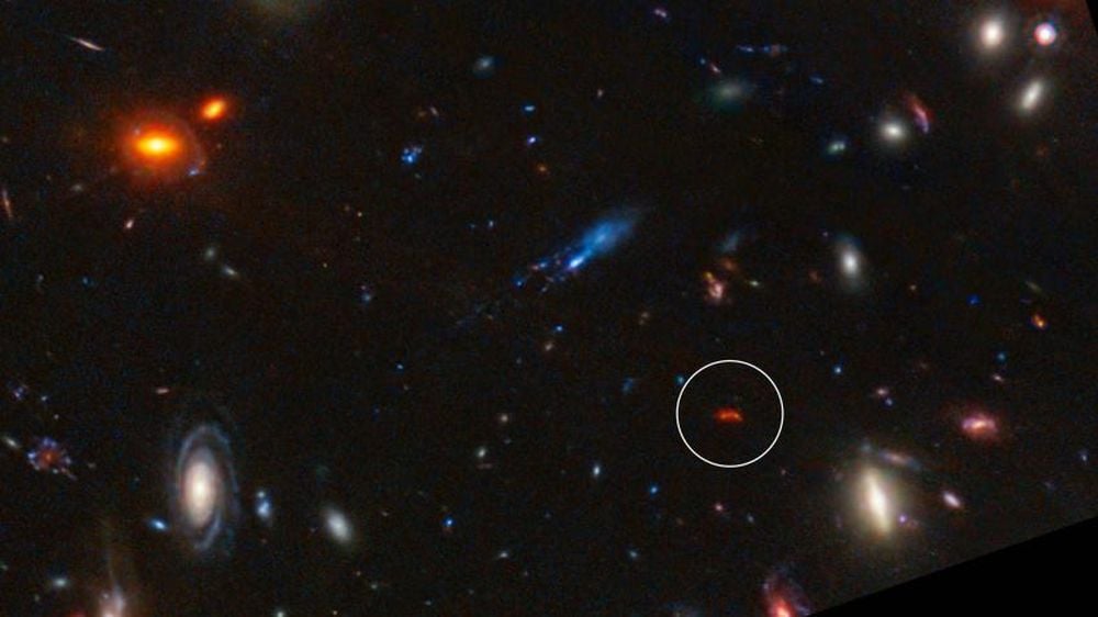 In this JWST image, the galaxy Y1 glows with a red light from heated dust. It's undergoing, or underwent, a period of extremely rapid star formation. If other ancient galaxies experienced the same thing, that can explain why ancient galaxies are so much more massive than astronomers thought they could be. Image Credit: NASA, ESA, CSA (JWST), T. Bakx/ALMA (ESO/NRAO/NAOJ). Licence type: Attribution (CC BY 4.0)