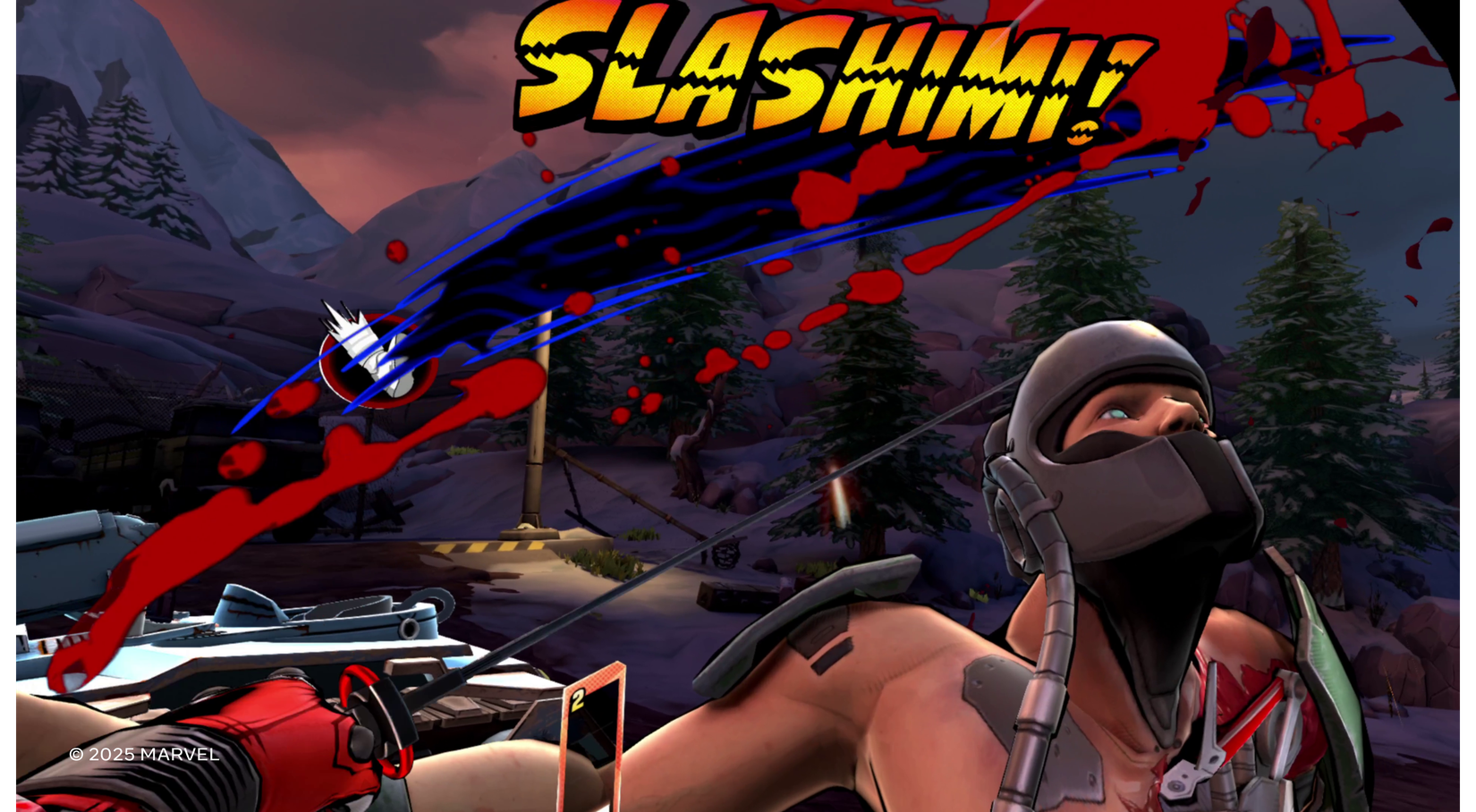 Deadpool slashes an enemy with a sword in Marvel's Deadpool VR.