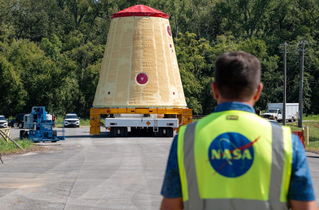 NASA rolls out hardware for the SLS, or Space Launch System, rocket from Marshall Space Flight Center in Huntsville, Alabama, on August 21.