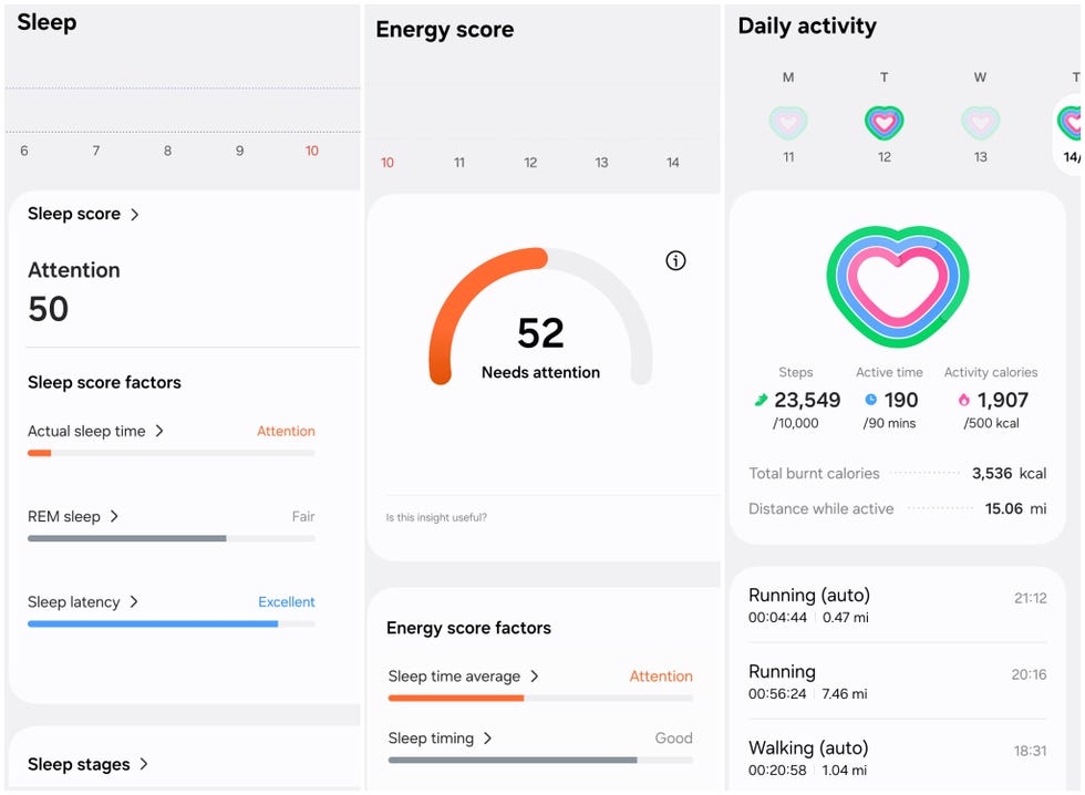 screenshots from the samsung health app showing data from sleep, energy score, and daily activity