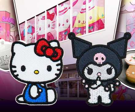 This is a featured image of Hello Kitty and Kuromi, pictured with exclusive Sanrio goods.