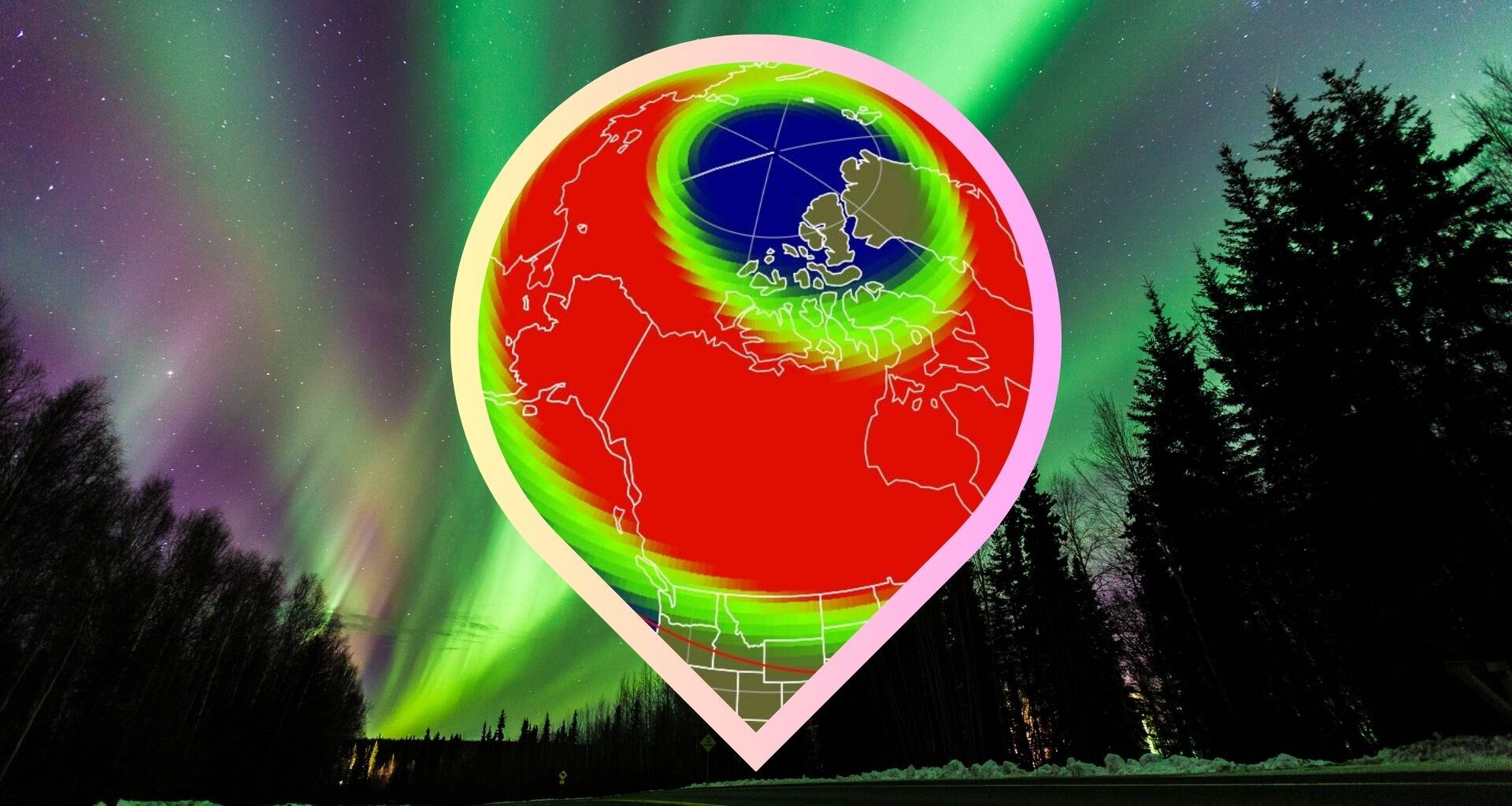 graphic showing the extent of the auroral oval over 21 US states tonight and a background showing a vibrant aurora display.