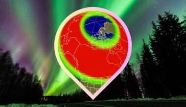 graphic showing the extent of the auroral oval over 21 US states tonight and a background showing a vibrant aurora display.