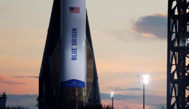 The Blue Origin New Glenn rocket launch vehicle at Cape Canaveral Space Force Station in Florida. Pic: Reuters