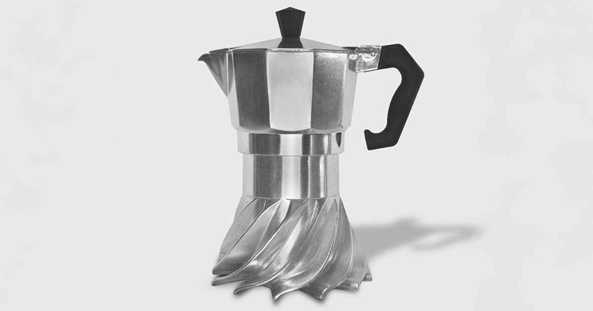 turbo moka's helical spiral design reinvents the iconic coffee pot for energy efficiency