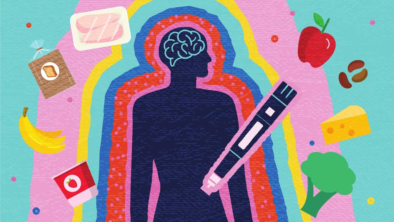 Colourful illustration of a human silhouette with foods and a GLP-1 pen surrounding it, representing nutrition and health.