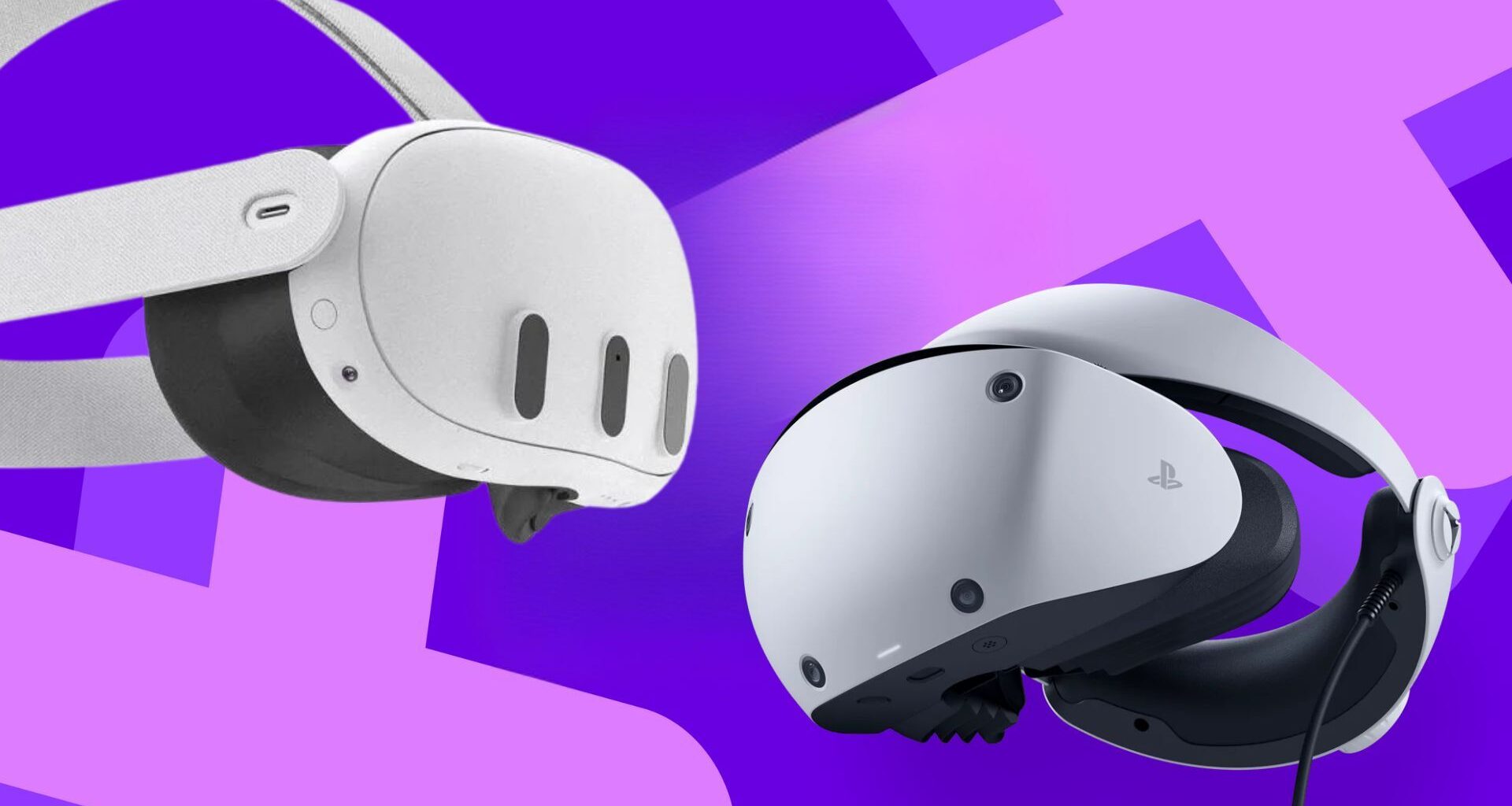 A Meta Quest 3 head-to-head image with PSVR 2 on top of a purple GamesRadar background