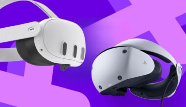 A Meta Quest 3 head-to-head image with PSVR 2 on top of a purple GamesRadar background