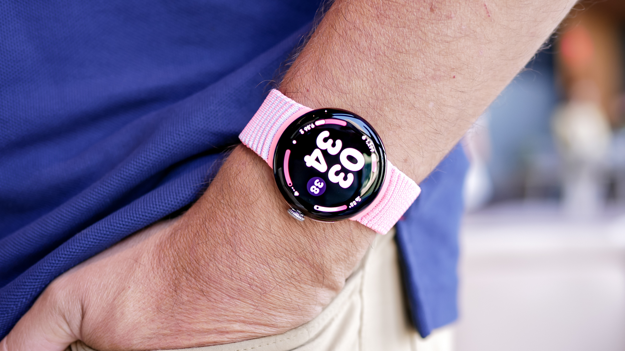Close-up of the Google Pixel Watch 4 on a user's wrist