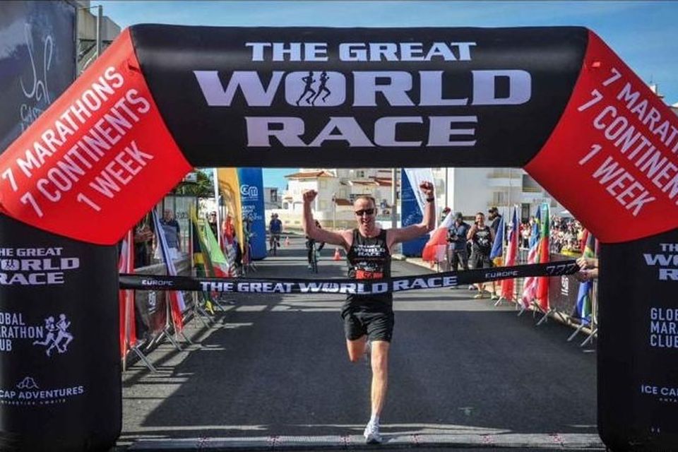 Michael McDermott crossing the finish line in Portugal. Picture: Great World Race.