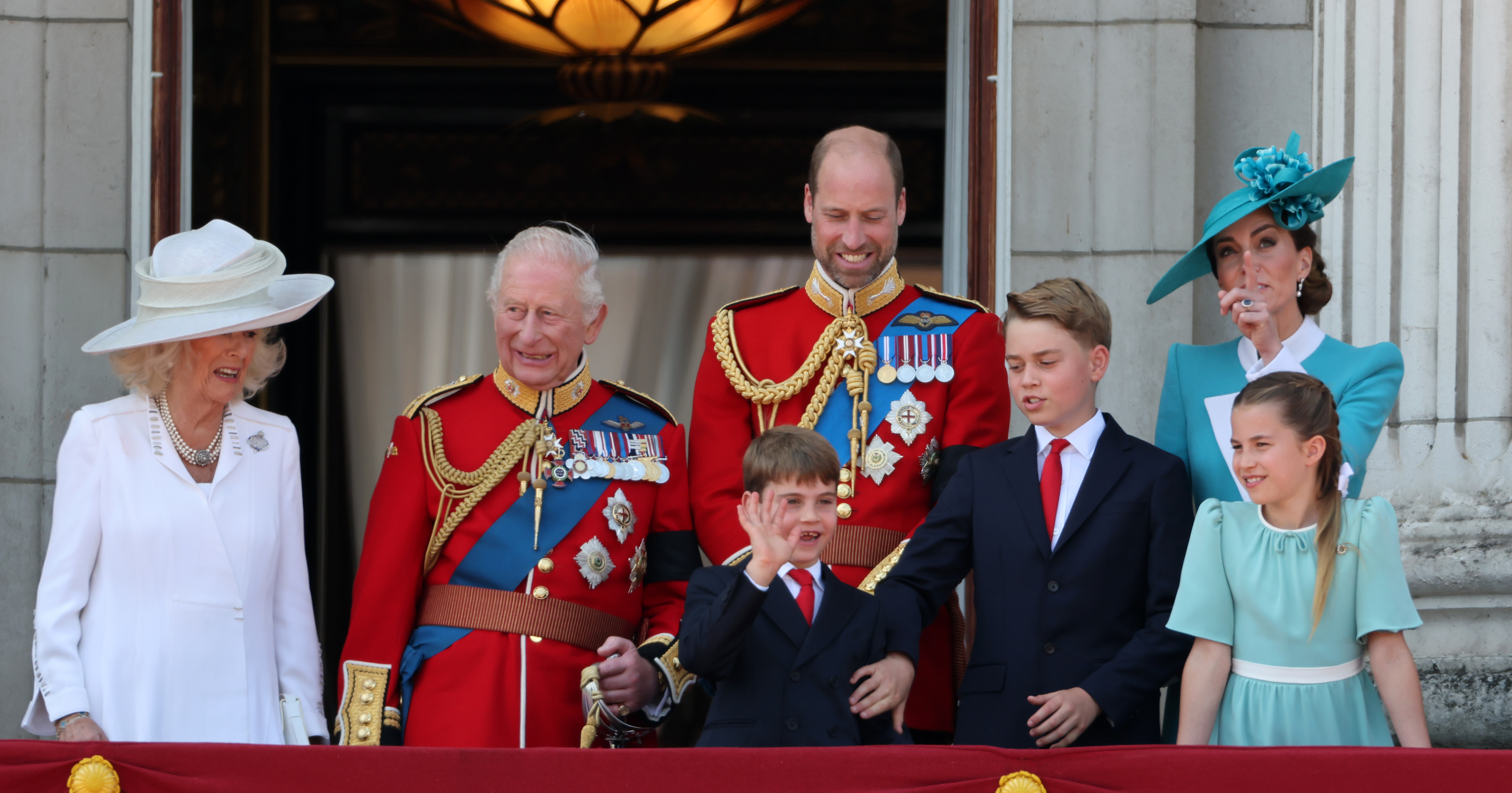 The Royal Family on the balcony of Buckingham Palace.