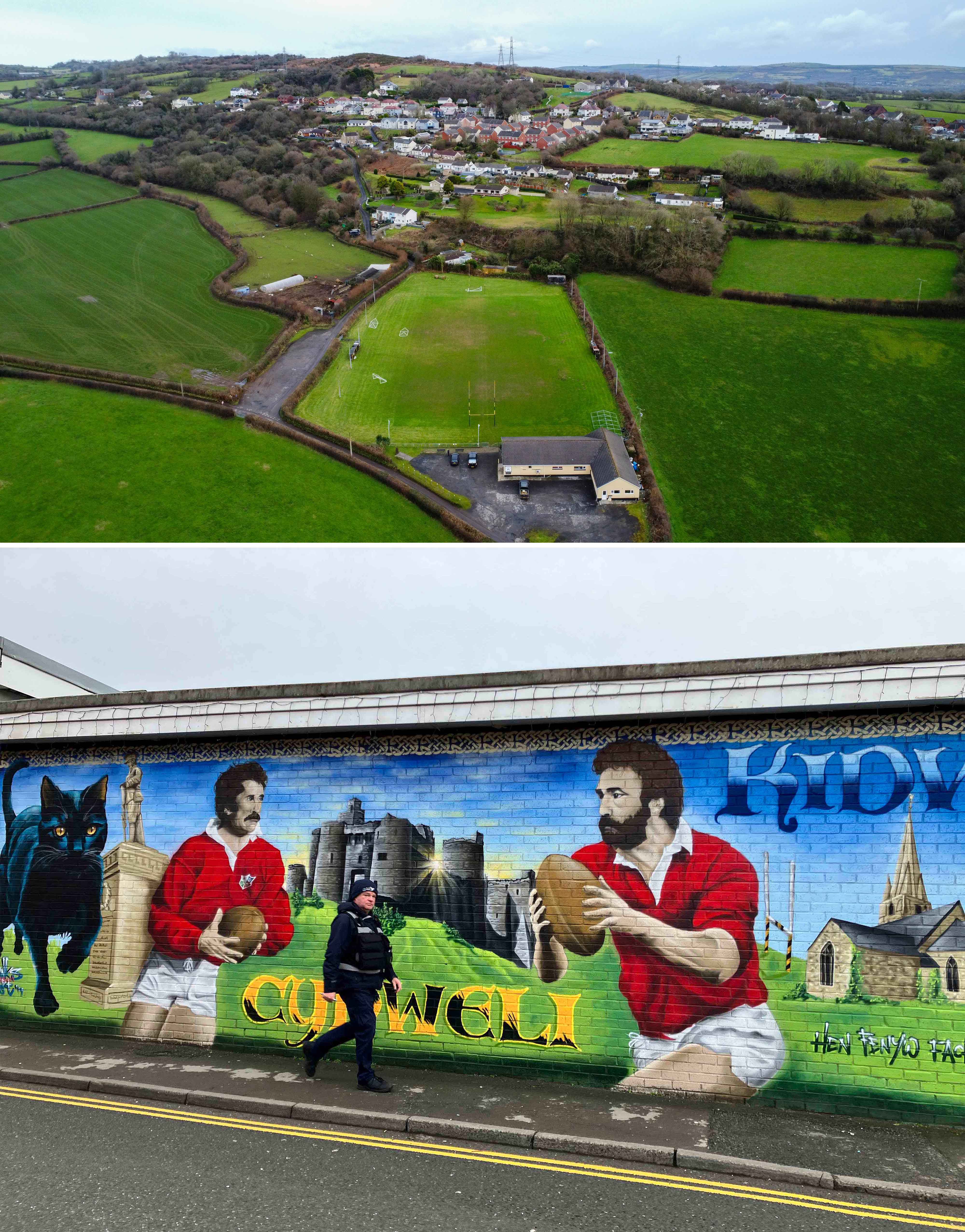 Collage of an aerial view of a rugby field and surrounding countryside, and a mural of rugby players on a brick wall.