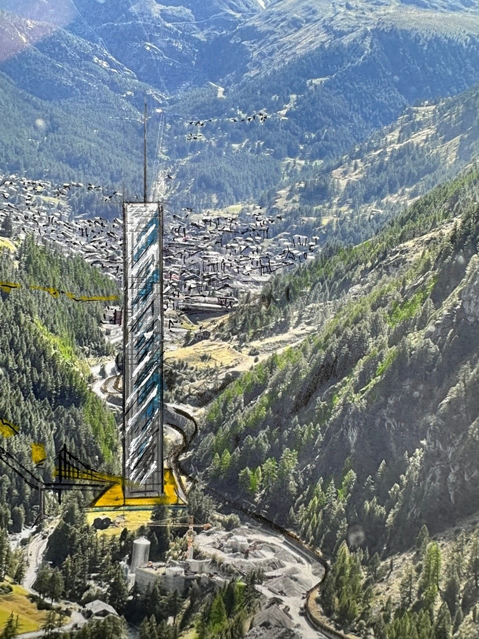 Illustration of a proposed 62-storey residential tower in Zermatt, Valais, Switzerland, nestled in a valley with mountains and a town in the background.