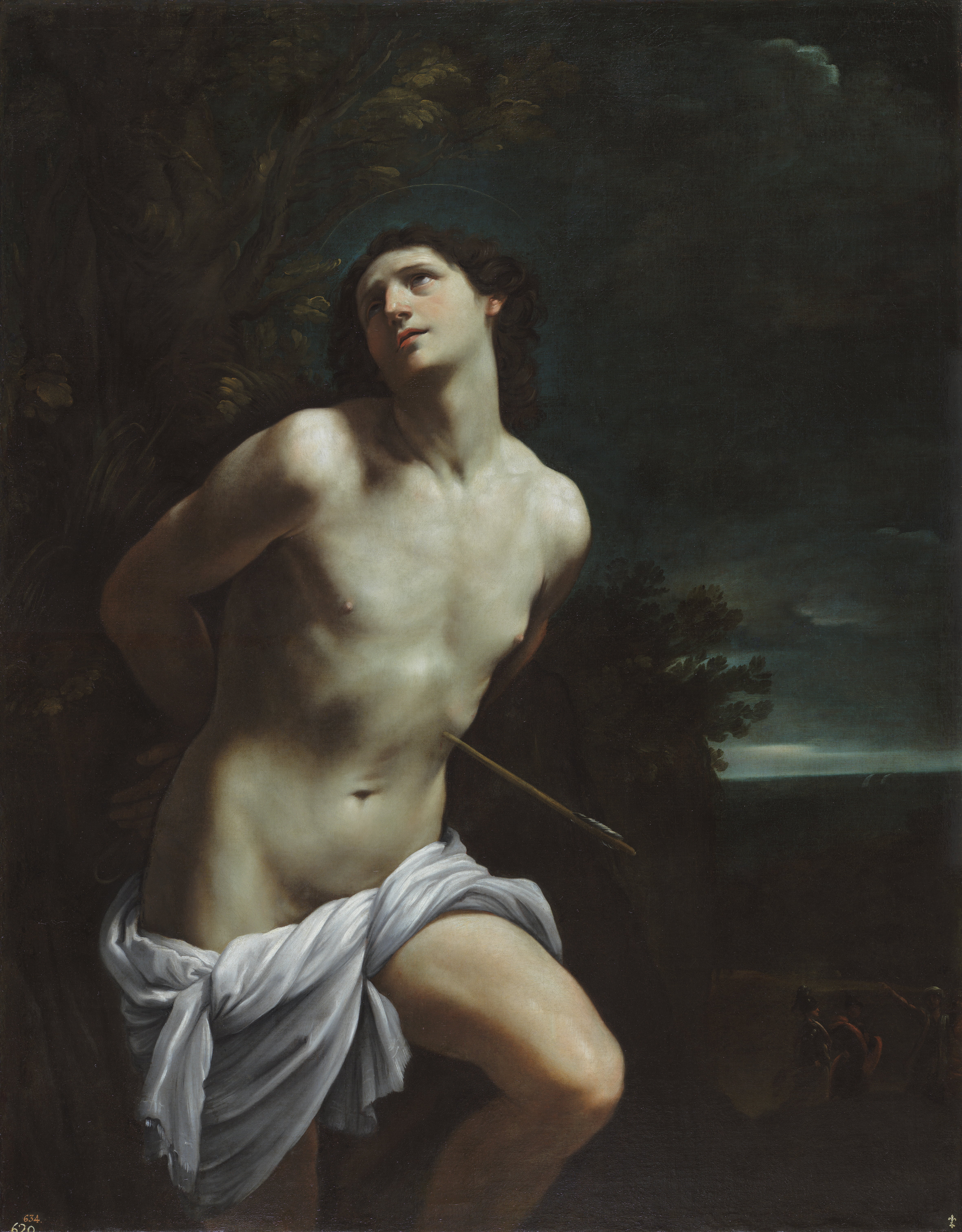 Painting of Saint Sebastian with an arrow piercing his side, tied to a tree and looking heavenward, by Guido Reni.