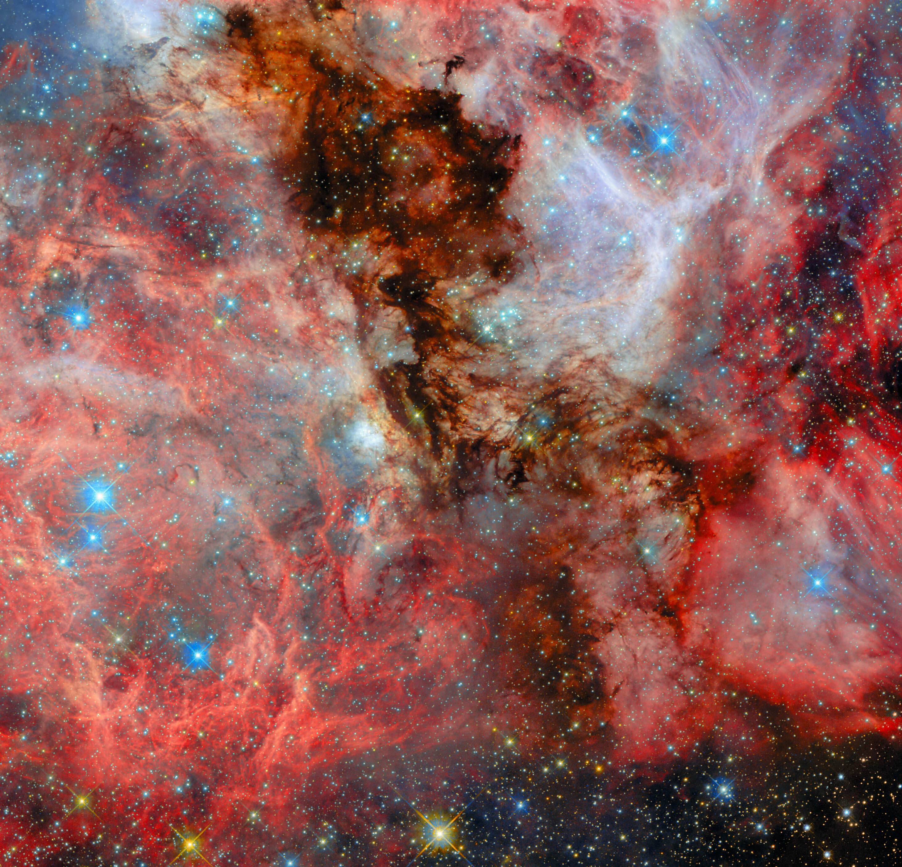 A star-forming region in the Large Magellanic Cloud, featuring clouds of cold hydrogen glowing deep red with newborn stars and dark clouds in the foreground.