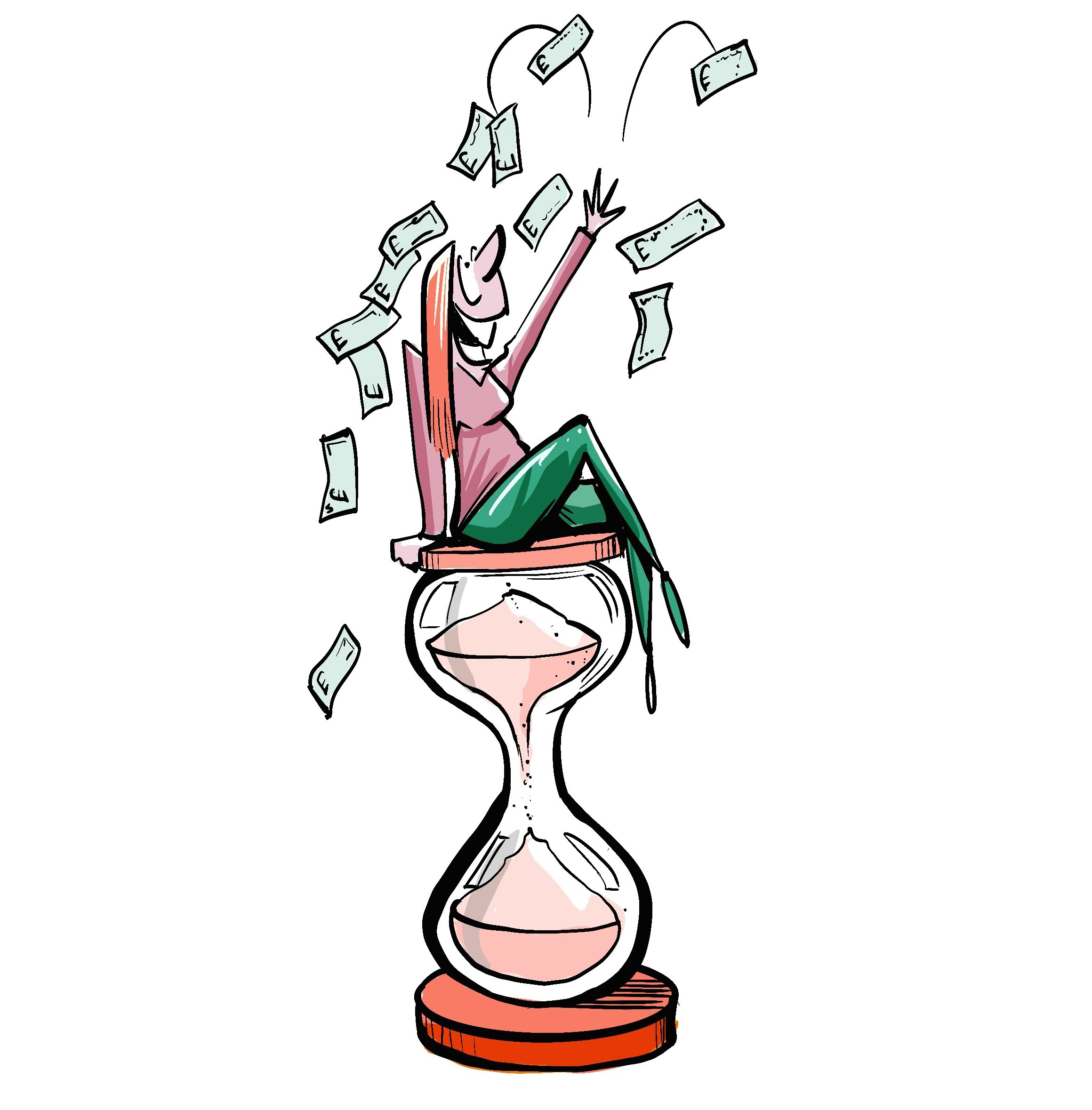 Illustration of a woman sitting on an hourglass, throwing money into the air.