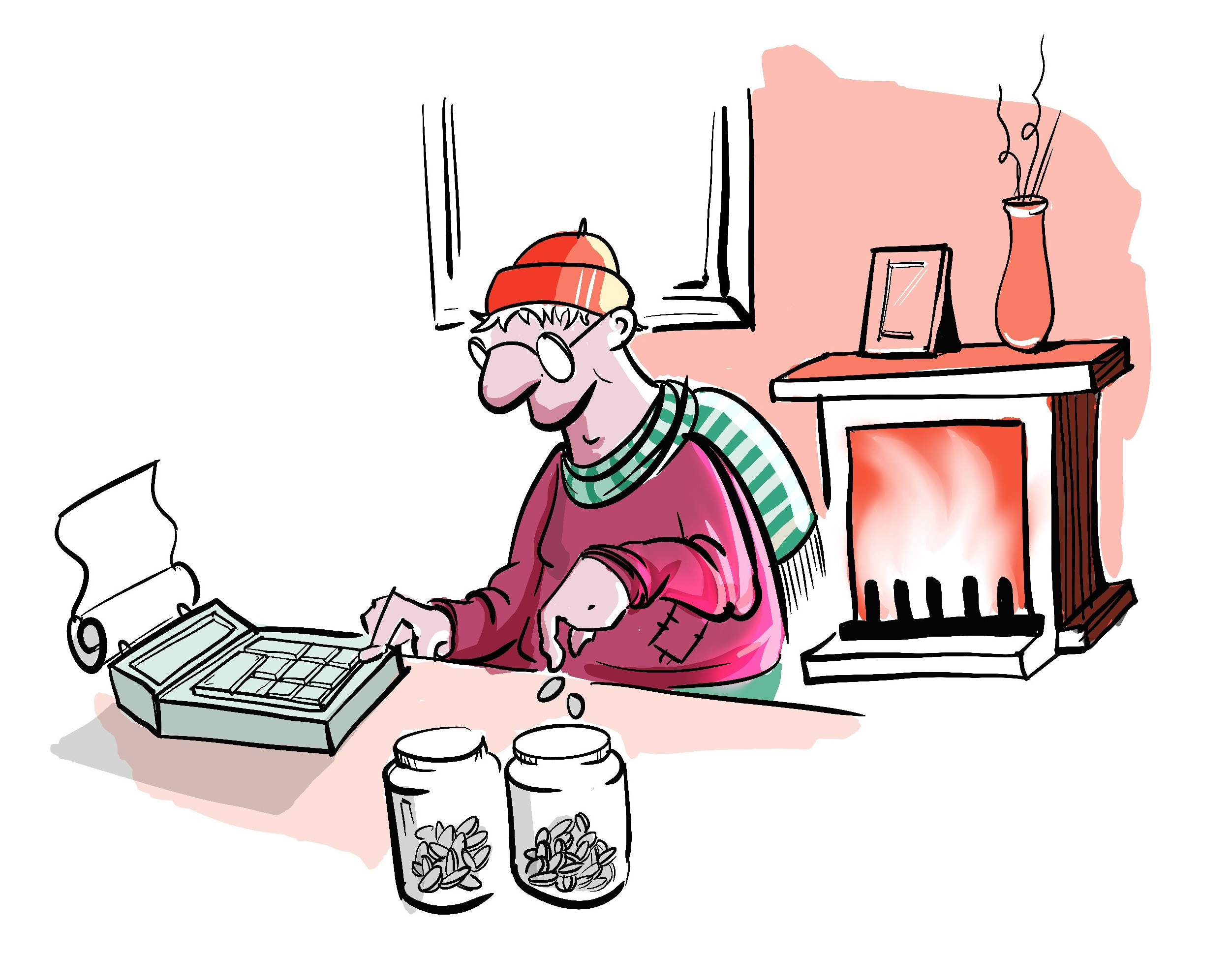 Illustration of a man calculating and putting coins into jars.